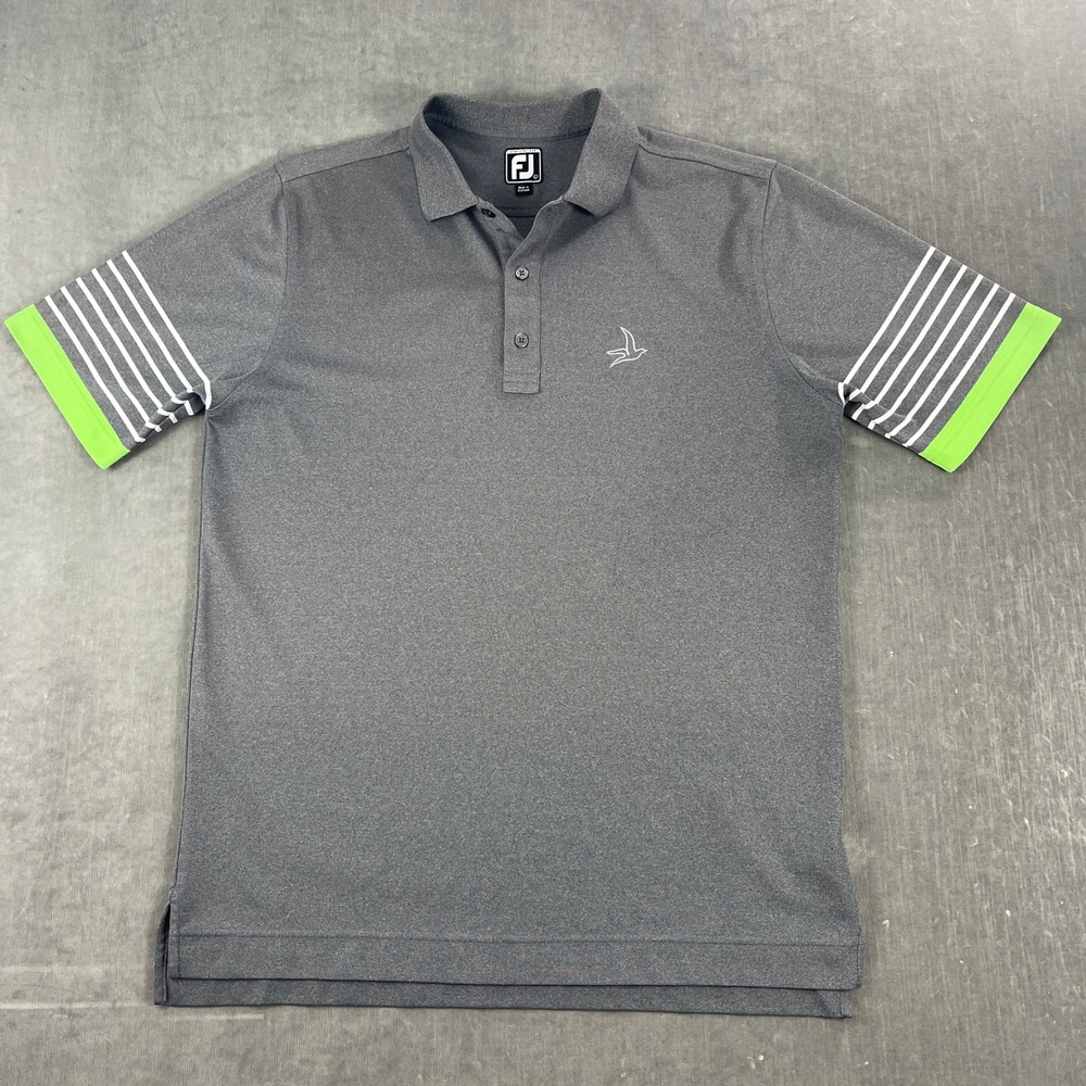 FootJoy Men Large Gray Polo Shirt Athletic Fit Striped Sleeves Golf‎
